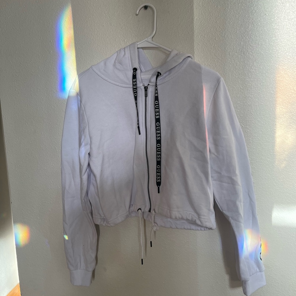 Guess Cropped White Zip Up Sweater Size Large